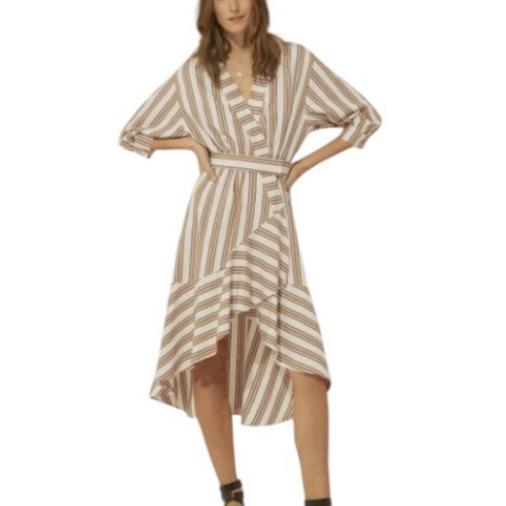ba&sh Striped High Low Dress - Brown and White